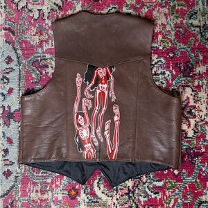 Brown Leather Vest with Hand Painted  Skeleton Design
